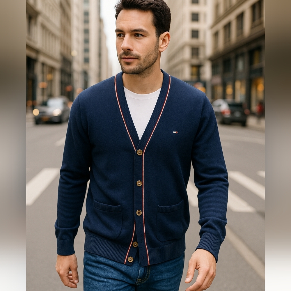 Tommy Hilfiger Navy Button-Up Cardigan Men’s L - Picture 2 of 7